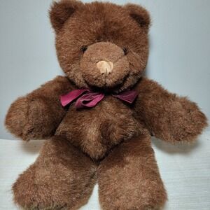 Vintage 1983 GUND Teddy Bear Brown Plush Stuffed Animal Korea 16" Shaggy Fur Bow